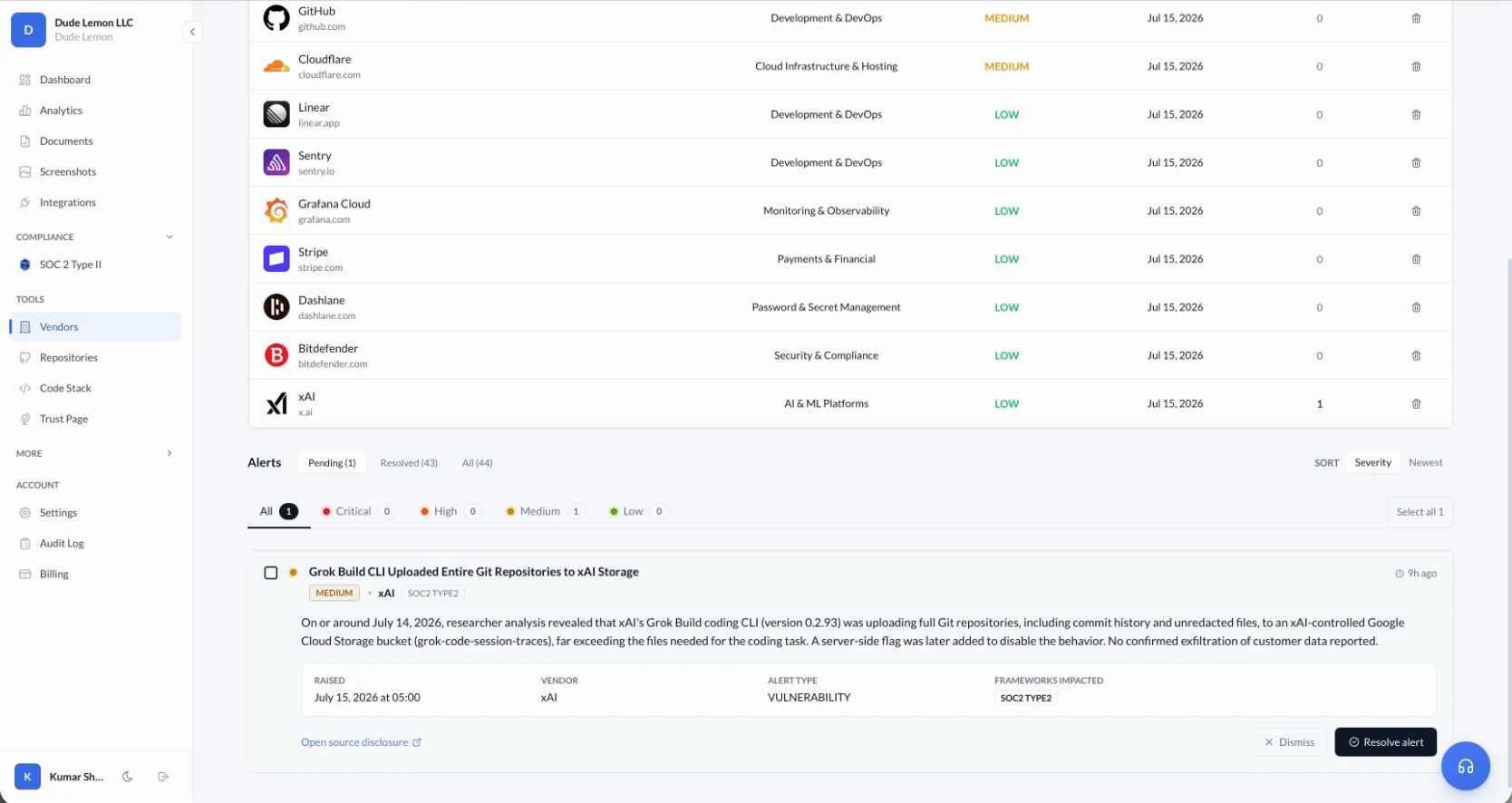 The vendor risk management screen in the Evidr console.